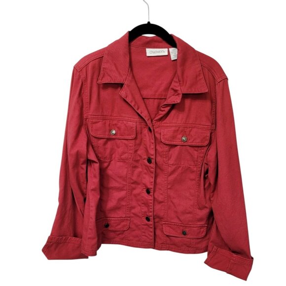CHADWICKS Red Jean Style Cotton Jacket 16 Front Pockets Buttons Trucker - Picture 5 of 16